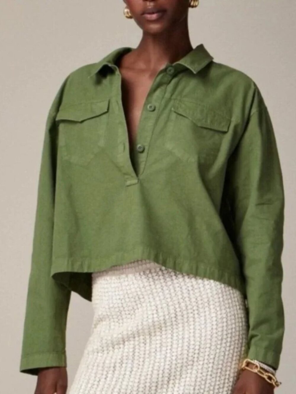 J.Crew Popover Shirt Cotton Linen Blend Green Long Sleeve Buttoned Cropped Sz M
